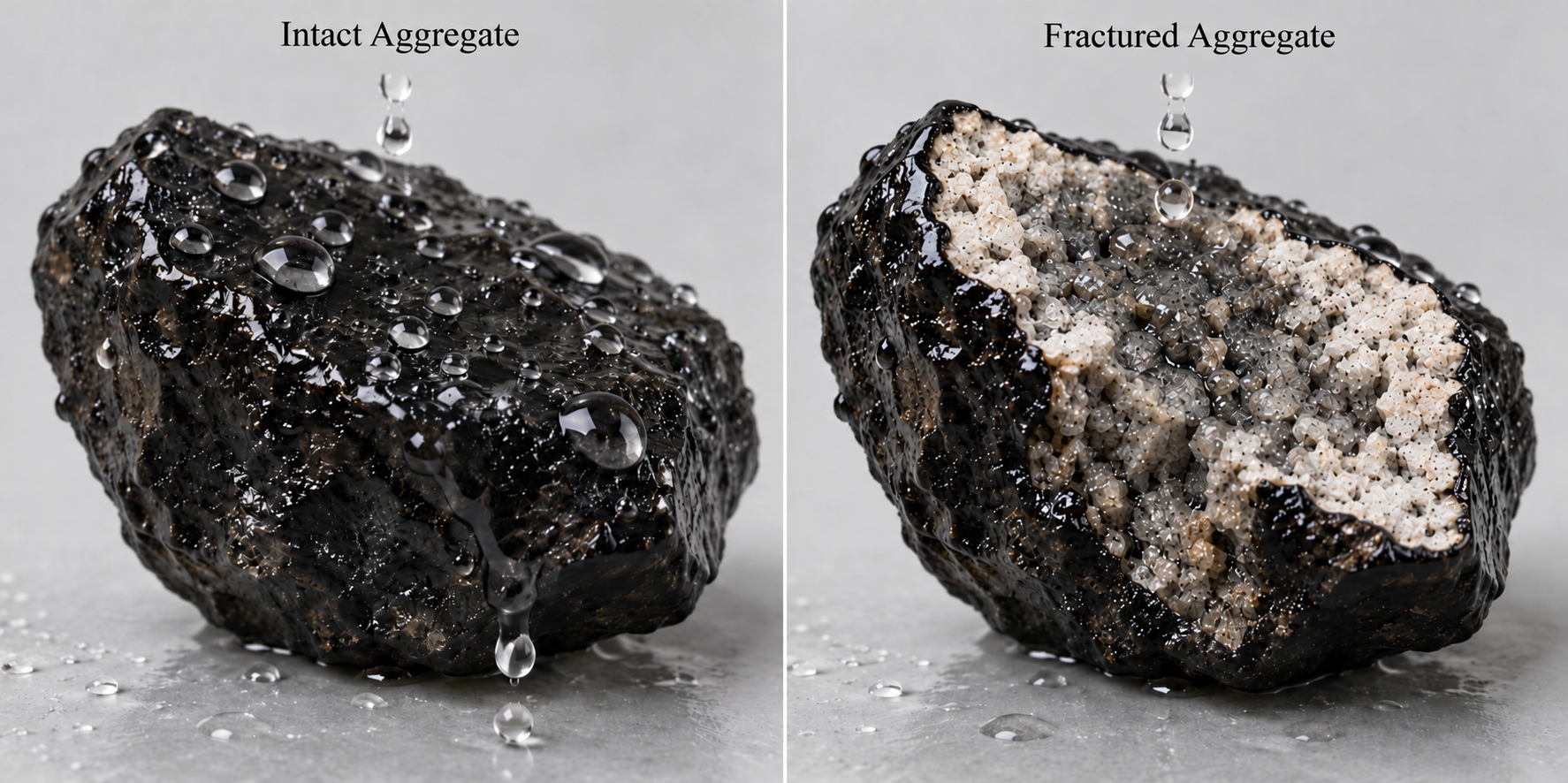 Intact and fractured aggregate in RAP Side-by-side illustration of intact, binder-coated aggregate and fractured aggregate with exposed stone surfaces.