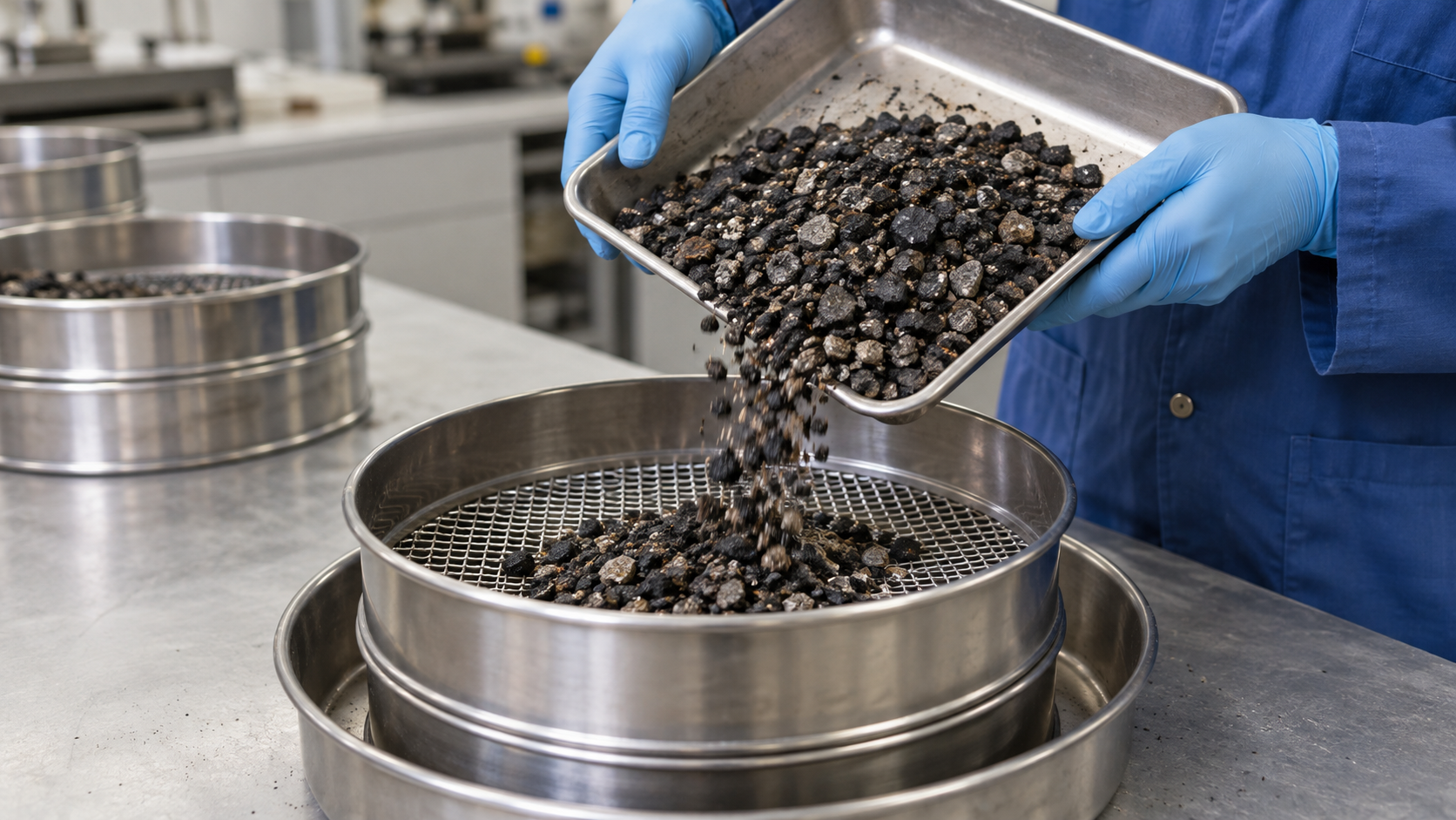 RAP Laboratory Sieve Testing Illustration of a technician pouring reclaimed asphalt pavement into a laboratory test sieve.