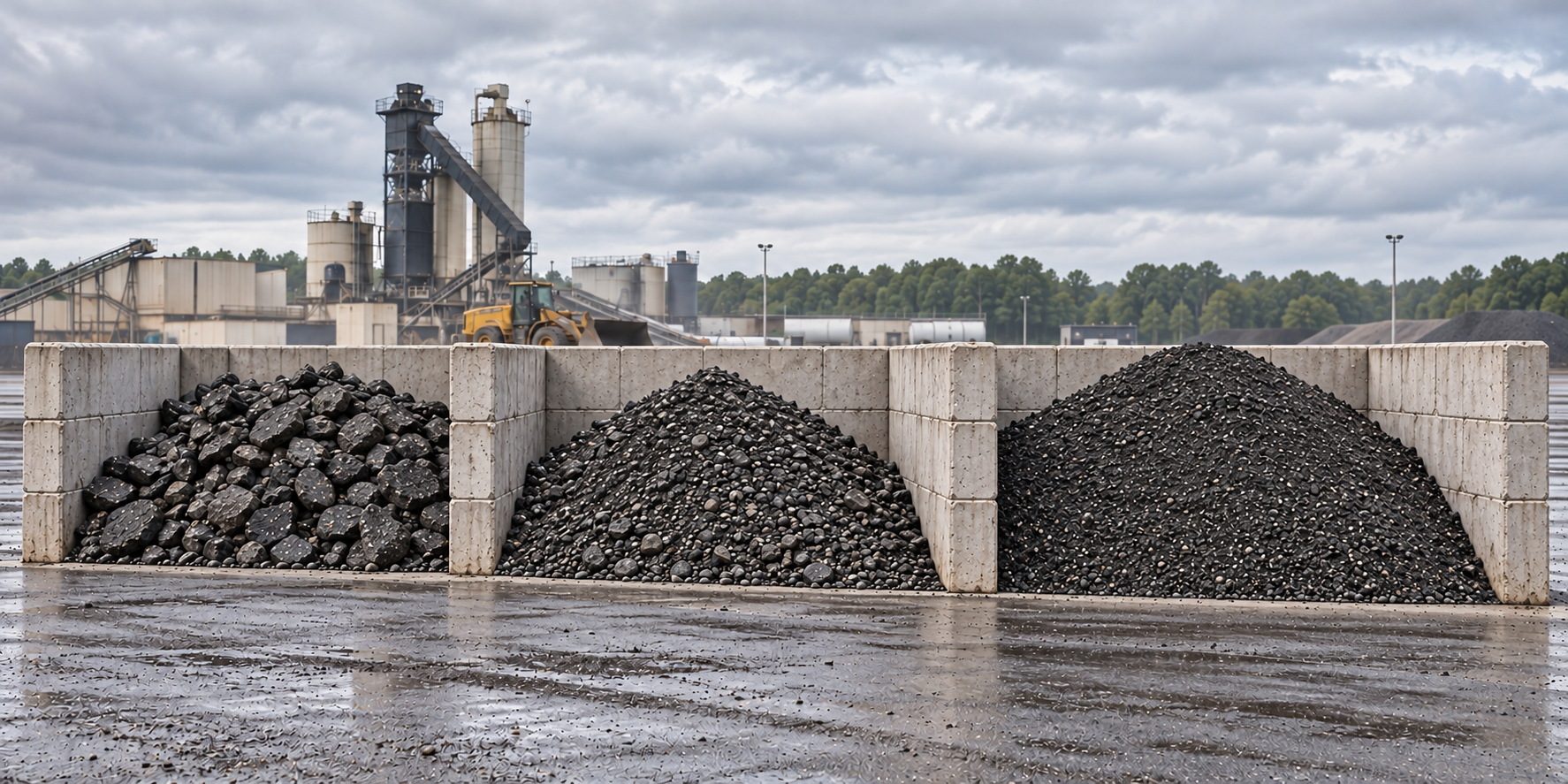 Three neat RAP stockpile bays Illustration of coarse, medium and fine RAP stored in separate concrete bays.